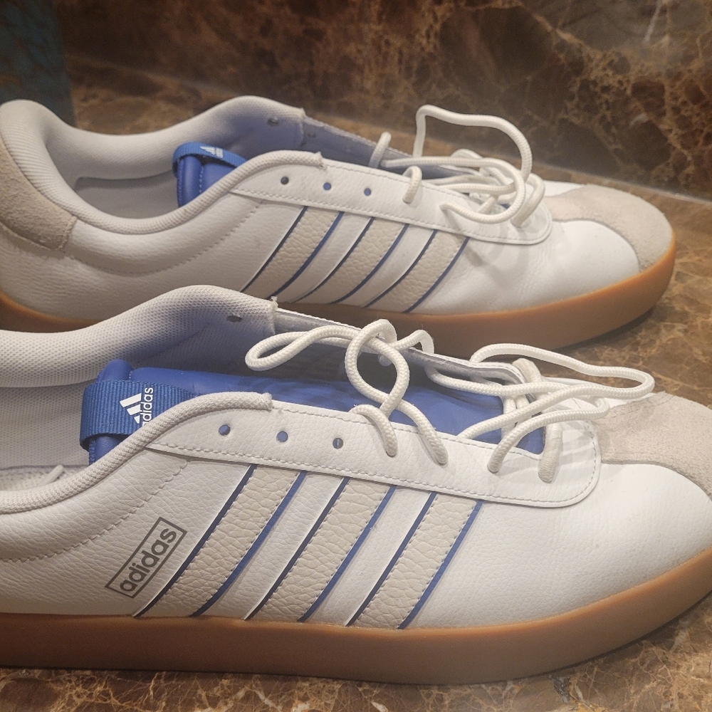 Adidas Men's White and Blue Sneakers with Tan Sole Size 14